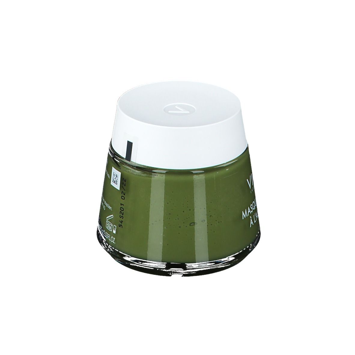 Crème verte en pot avec couvercle blanc. Inscription: VICHY, Masque apaisant à l'aloe vera.