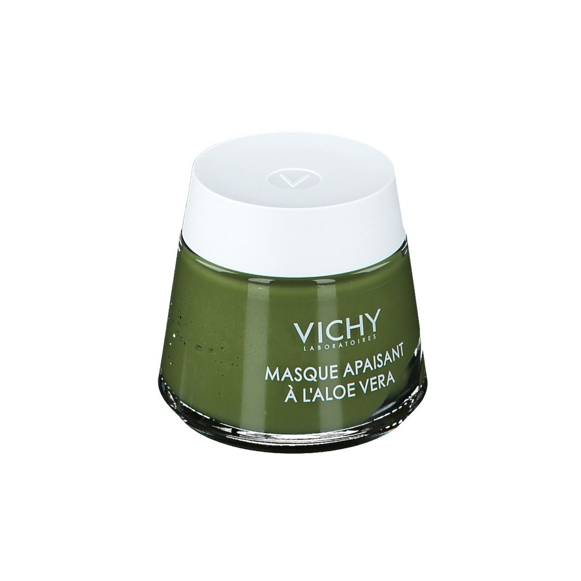 Crème verte en pot avec couvercle blanc. Inscription: VICHY, Masque apaisant à l'aloe vera.