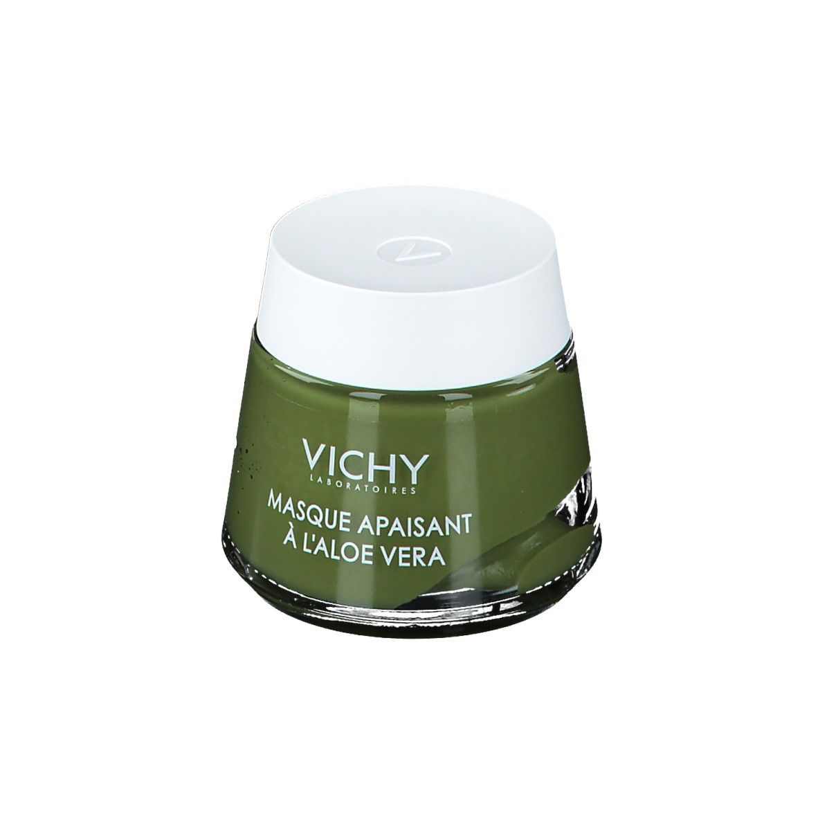 Crème verte en pot avec couvercle blanc. Inscription: VICHY, Masque apaisant à l'aloe vera.
