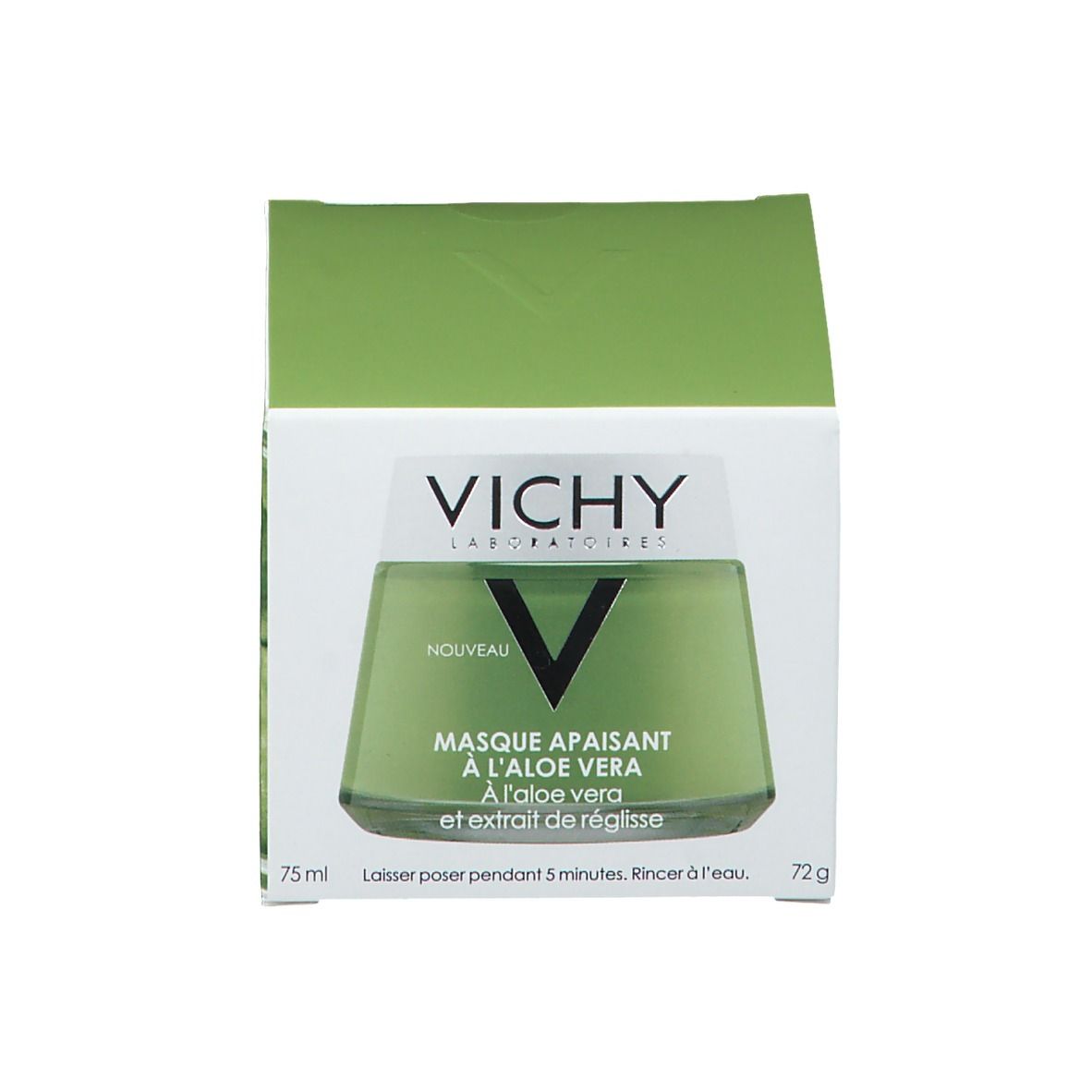 Crème verte en boîte. Inscription: VICHY, Masque apaisant à l'aloe vera. 75 ml.