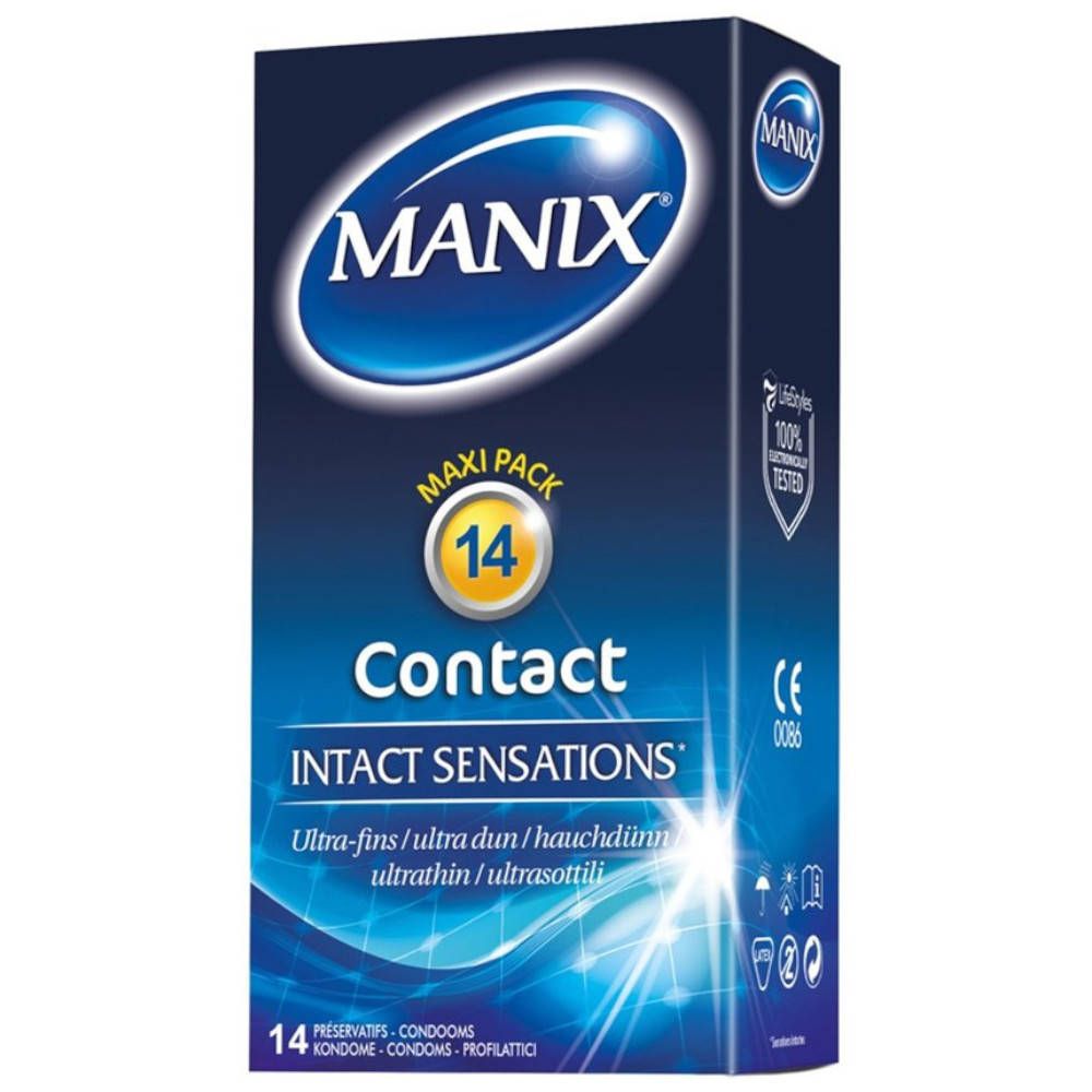 Boîte bleue et blanche MANIX. "MAXI PACK 14" et "Contact INTACT SENSATIONS" sont visibles. Contient 14 préservatifs.