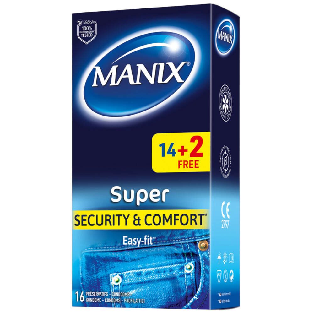 Boîte de préservatifs MANIX Super, 14+2 gratuits. Inscription : Security & Comfort, Easy-fit. Design jean. Logo CE.