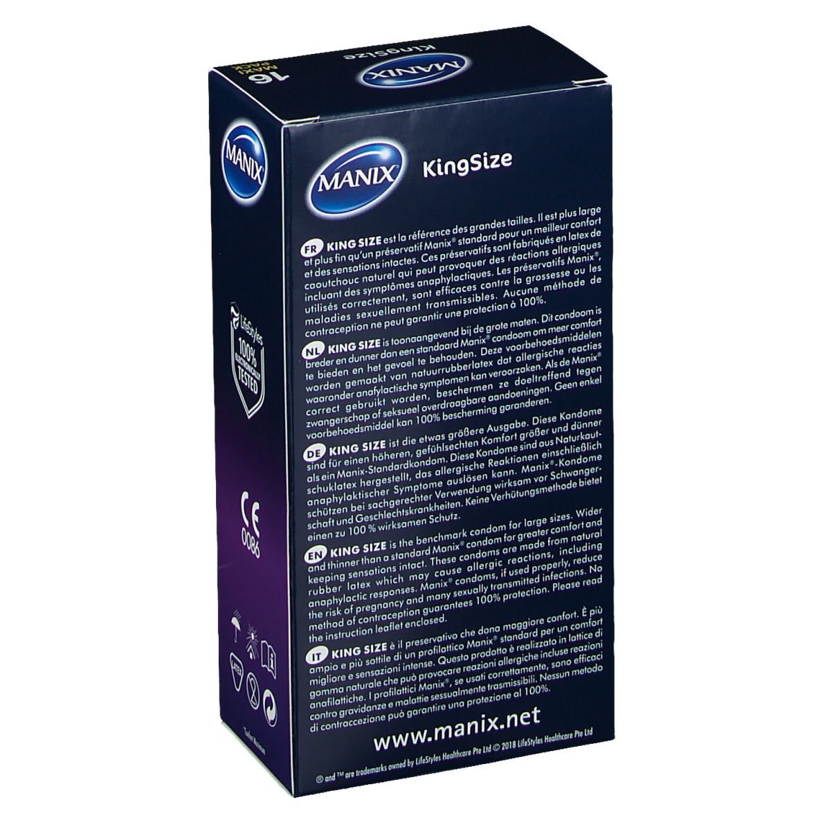 Rückseite der MANIX KingSize Packung. Text in mehreren Sprachen. CE-Kennzeichnung. Informationen zu Inhaltsstoffen und Gebrauch.