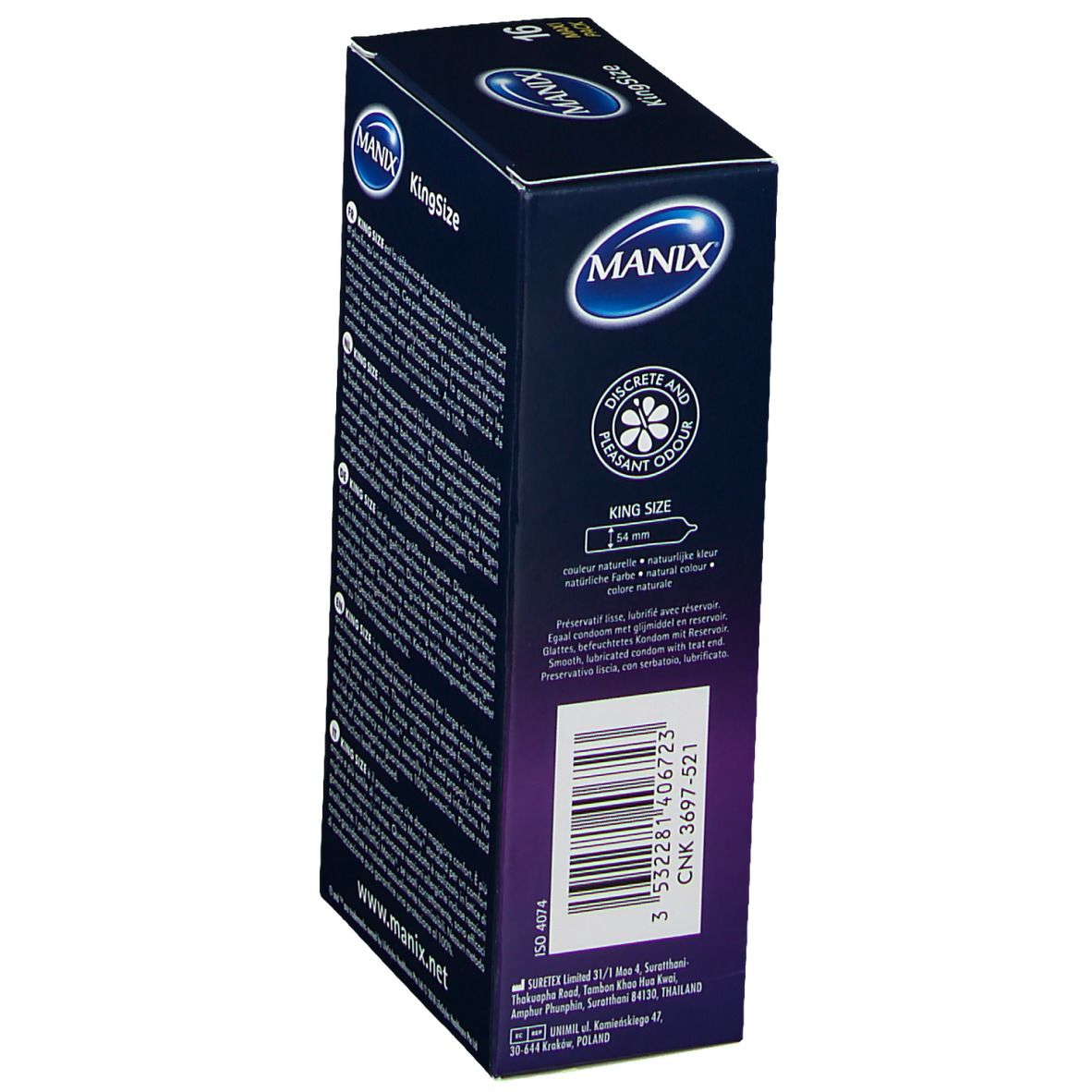 Seite der MANIX KingSize Packung. Text: Discreet and Elegant Odor. Barcode. Kontaktinformationen. Blaue und weiße Verpackung.