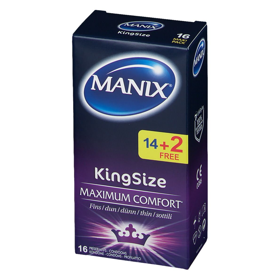 MANIX KingSize Packung. 16 Kondome. Aufschrift: Maximum Comfort, 14+2 gratis. Blaue und weiße Verpackung.