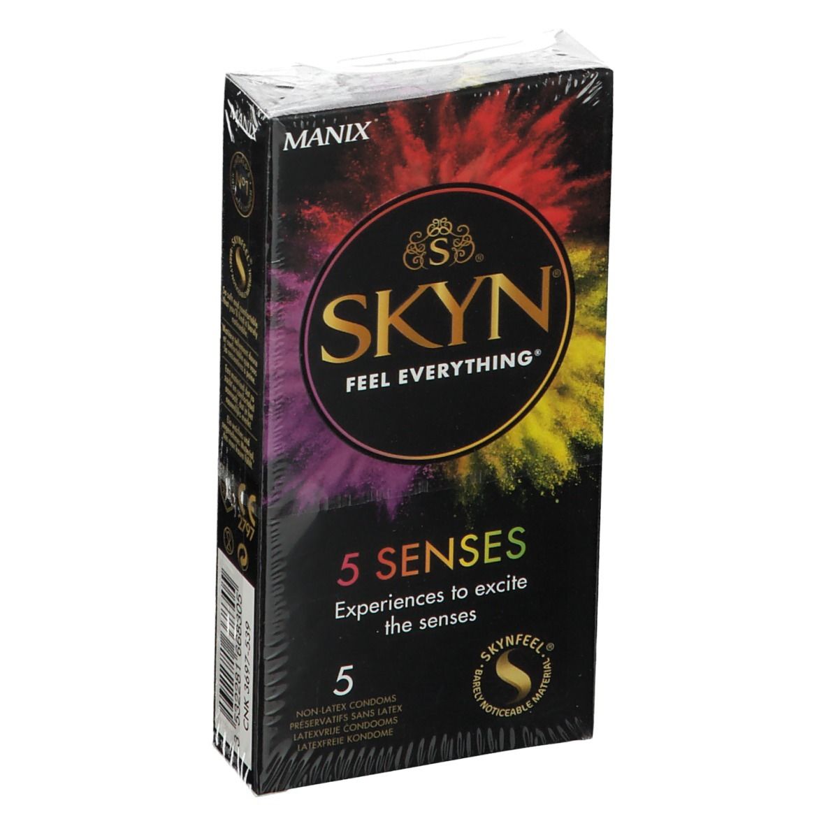 Verpakking met condooms. Merk MANIX, SKYN. Opschrift: 5 Senses, 5 condooms. Zwarte achtergrond met gekleurde spetters.
