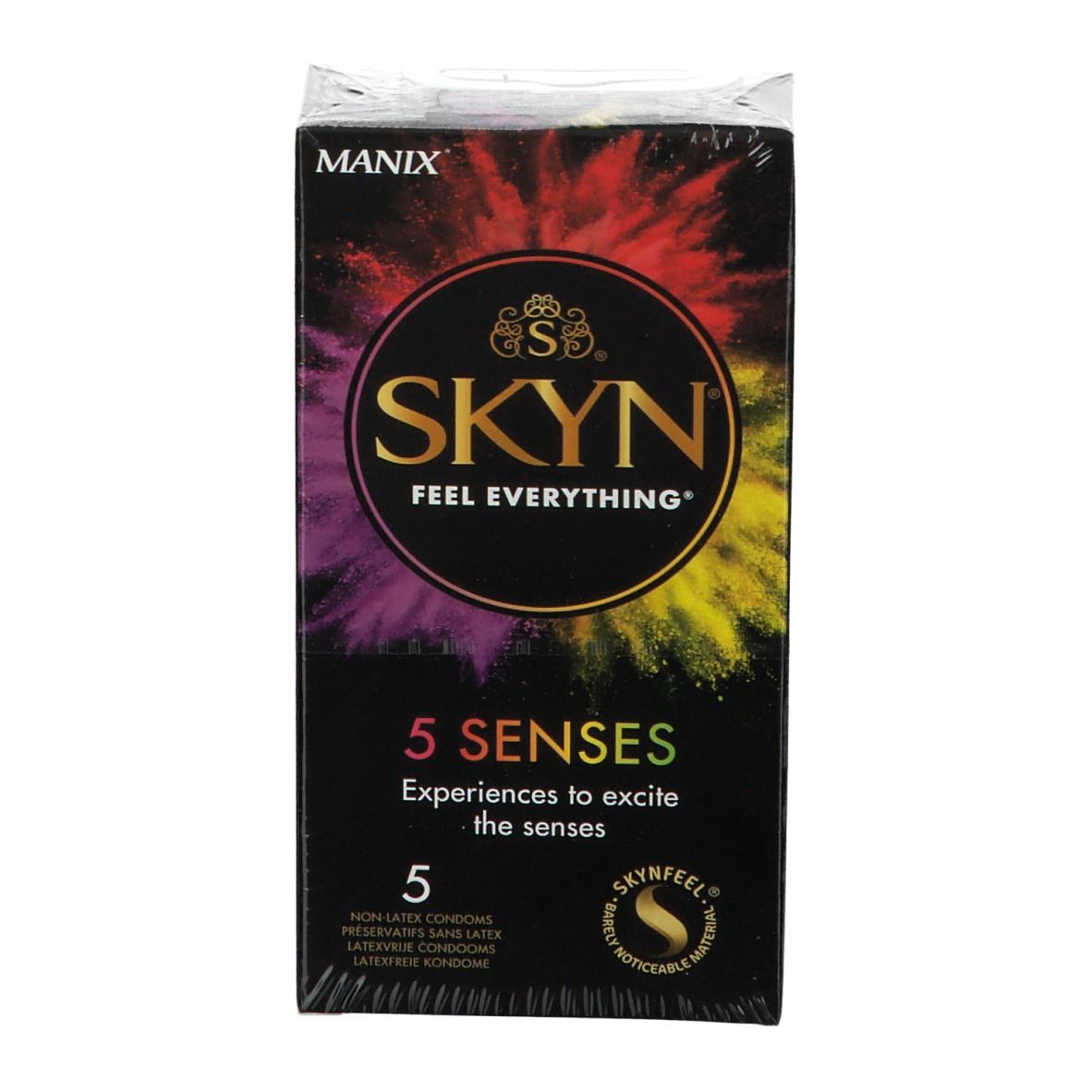 Condoomverpakking. Merk MANIX, SKYN. Opschrift: 5 Senses, 5 condooms. Zwarte achtergrond met gekleurde spetters. In plastic verpakt.