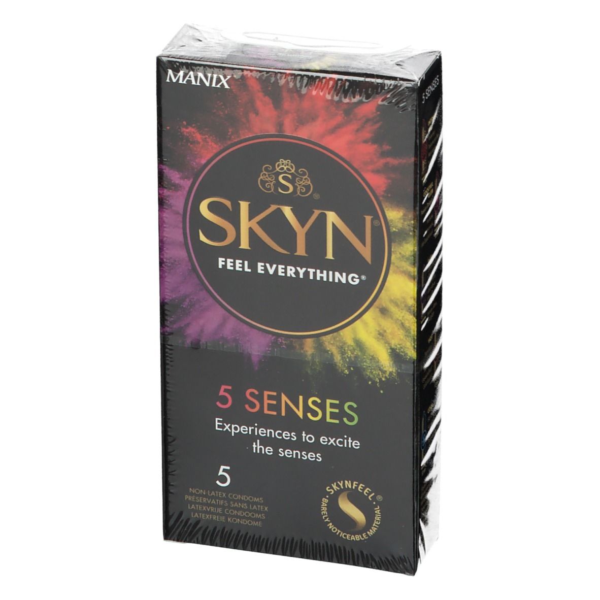 Condoomverpakking. Merk MANIX, SKYN. Opschrift: 5 Senses, 5 condooms. Zwarte achtergrond met gekleurde spetters. In plastic verpakt.