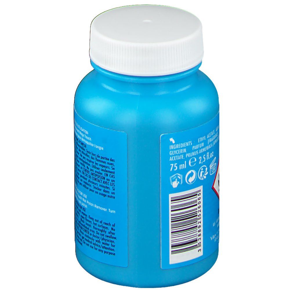 Flacon bleu avec bouchon blanc. Inscriptions: Ingrédients, 75 ml, 2.5 fl.oz. Symbole de danger. Code-barres.