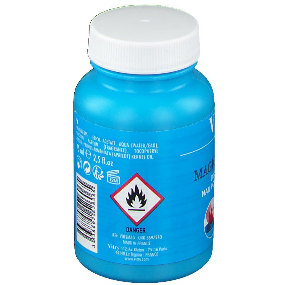 Flacon bleu avec bouchon blanc. Inscriptions: Ingrédients, 75 ml, 2.5 fl.oz. Symbole de danger. Code-barres.