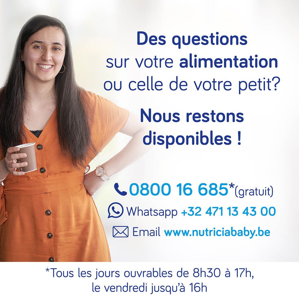 Femme tenant une tasse, informations de contact pour conseils nutritionnels.