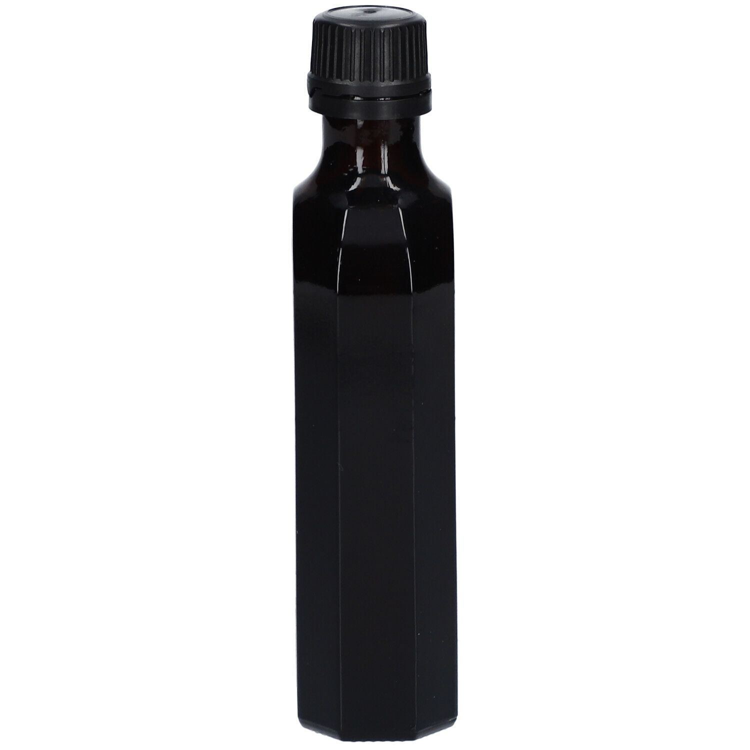 Bouteille en verre brun avec bouchon noir. La bouteille a une forme octogonale.