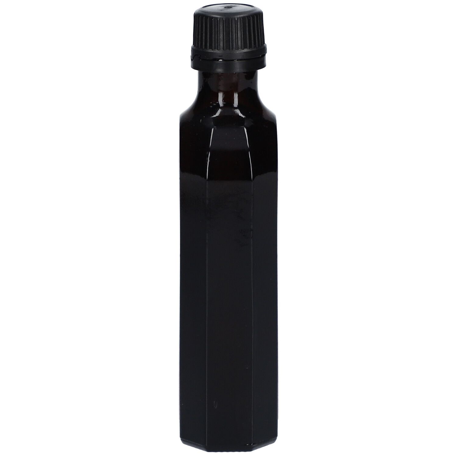 Bouteille en verre brun avec bouchon noir. La bouteille a une forme octogonale.