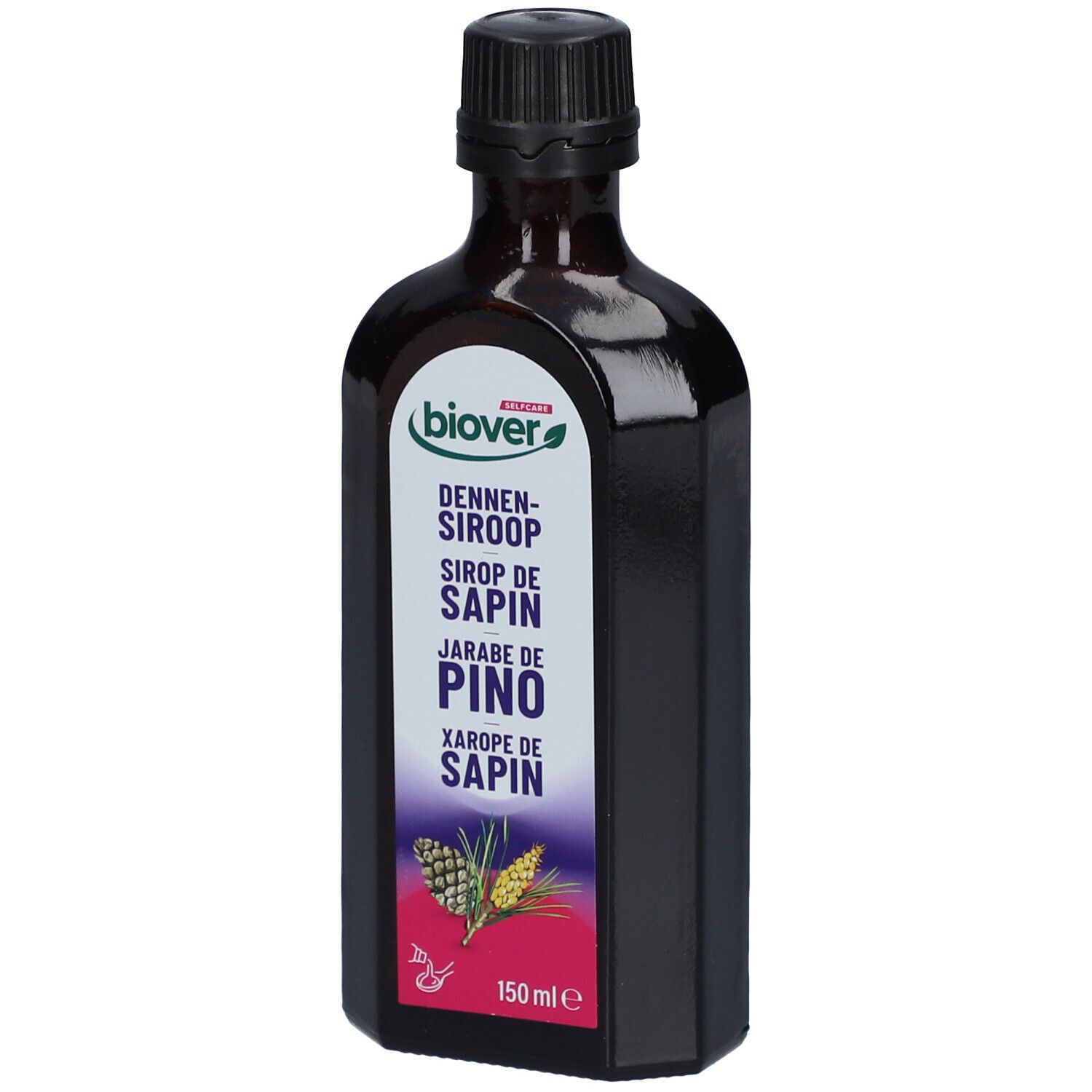 Bouteille en verre brun avec bouchon noir. Étiquette avec nom du produit en plusieurs langues et 150 ml.