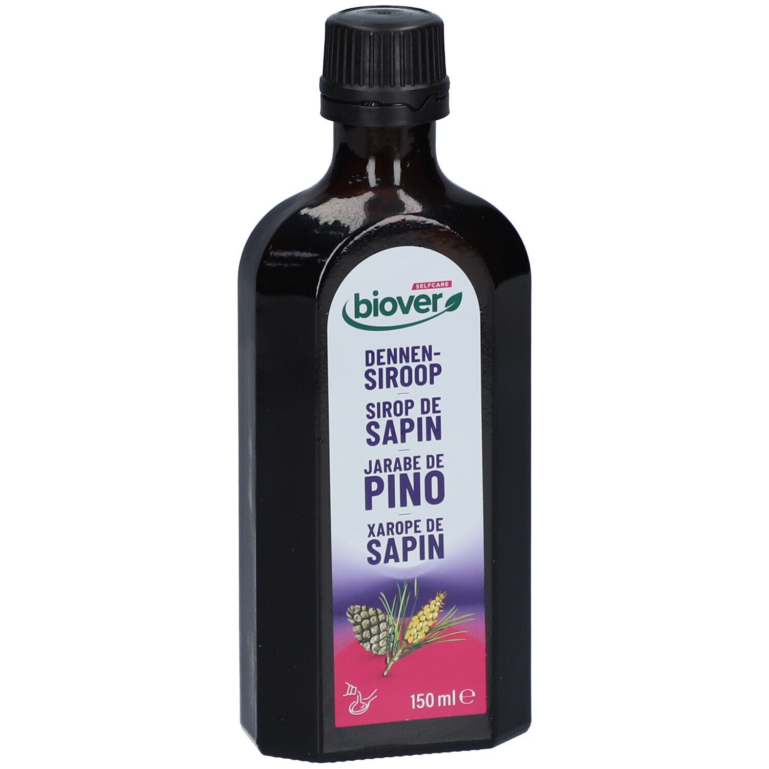 Bouteille en verre brun avec bouchon noir. Étiquette avec nom du produit en plusieurs langues et 150 ml.