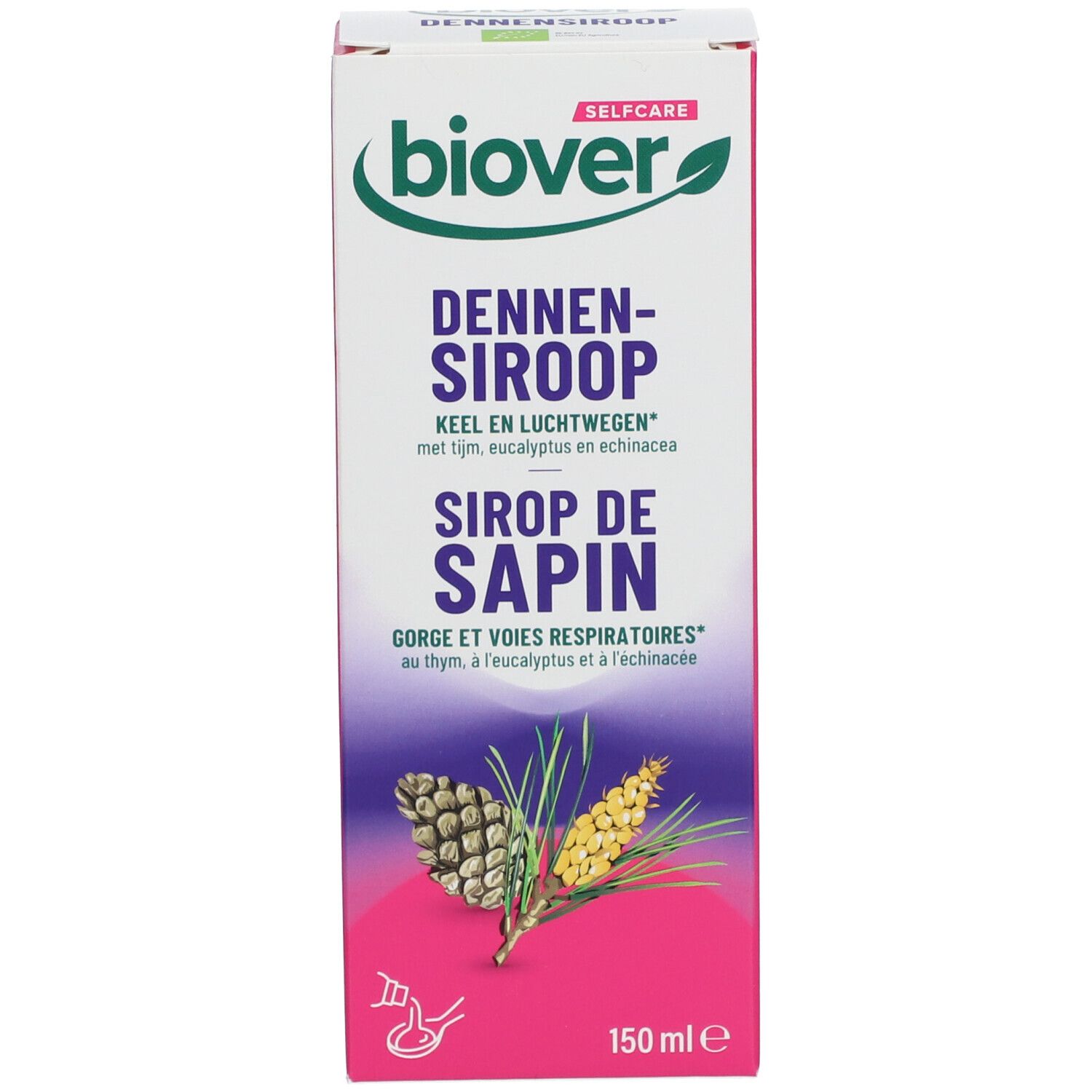 Emballage du produit avec nom, illustrations et 150 ml. Texte en plusieurs langues.