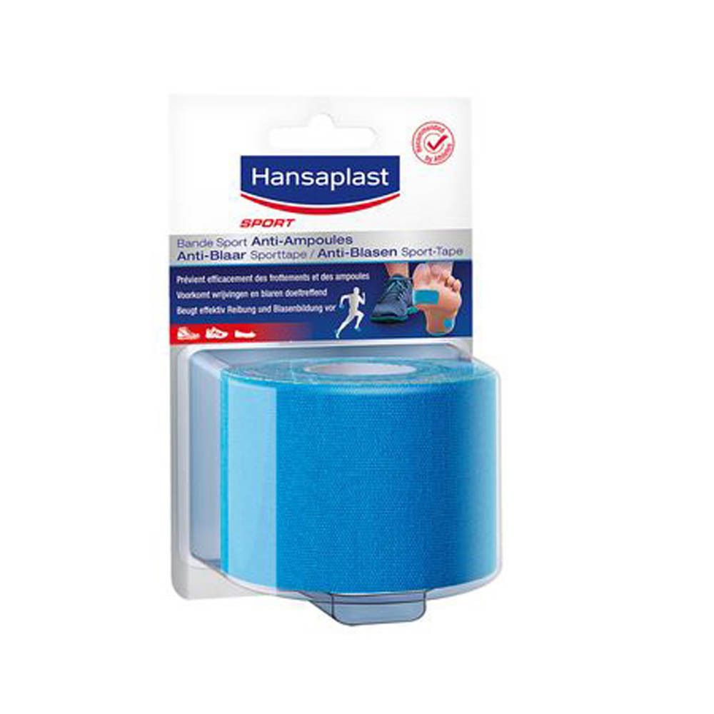 Ruban de sport bleu en emballage. Hansaplast Sport Anti-Ampoules. Rouleau de ruban bleu partiellement visible.