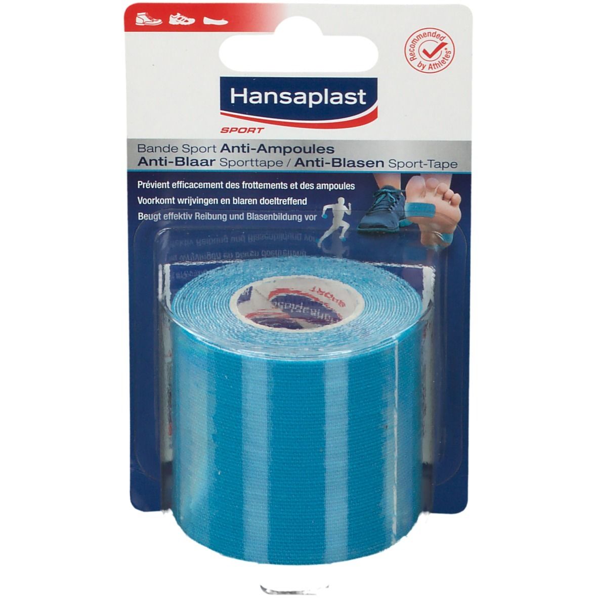 Ruban de sport bleu en emballage. Hansaplast Sport Anti-Ampoules. Rouleau de ruban bleu partiellement visible.