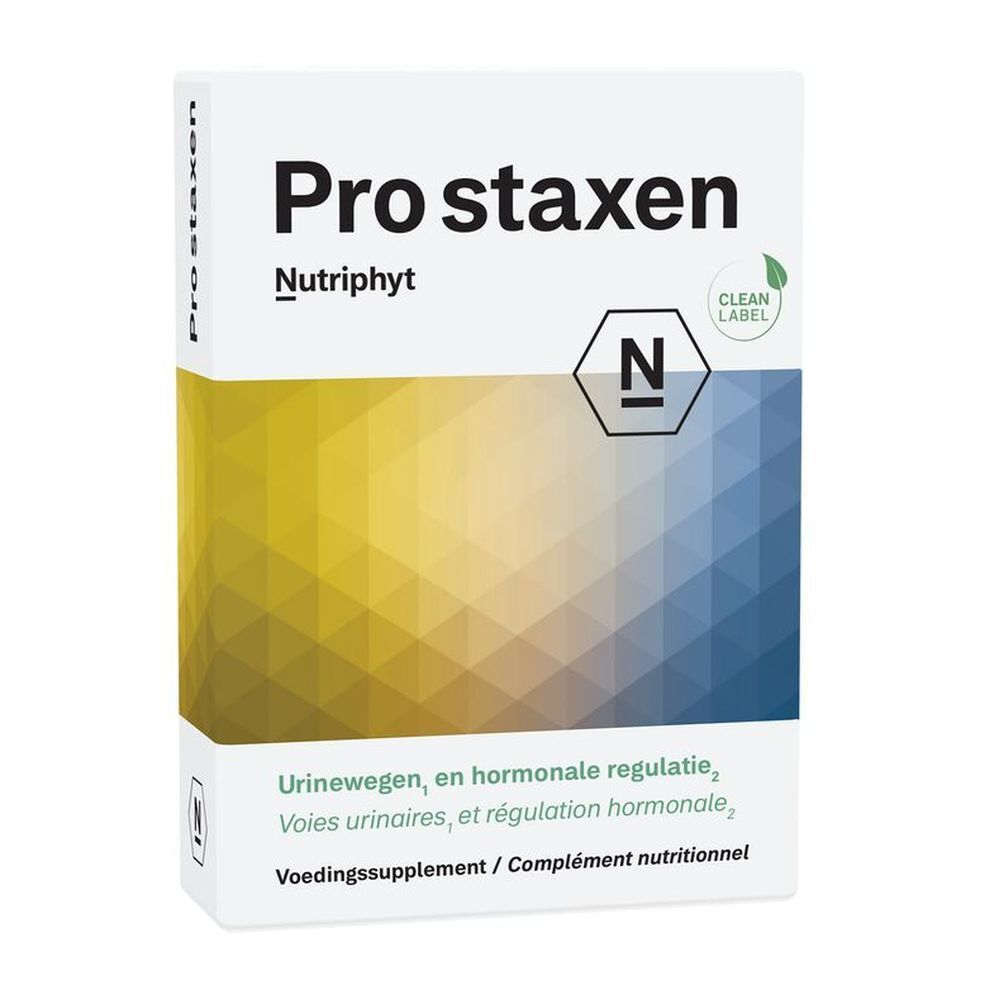 Witte doos met "Prostaxen" en "Nutriphyt". Logo "N". Tekst: urinewegen, hormonale regulatie. Voedingssupplement.