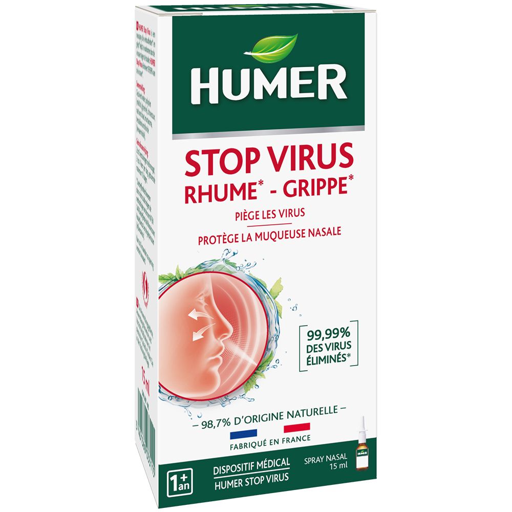 Boîte de Humer Stop Virus. Carton blanc avec accents verts. Nom du produit et description en français.