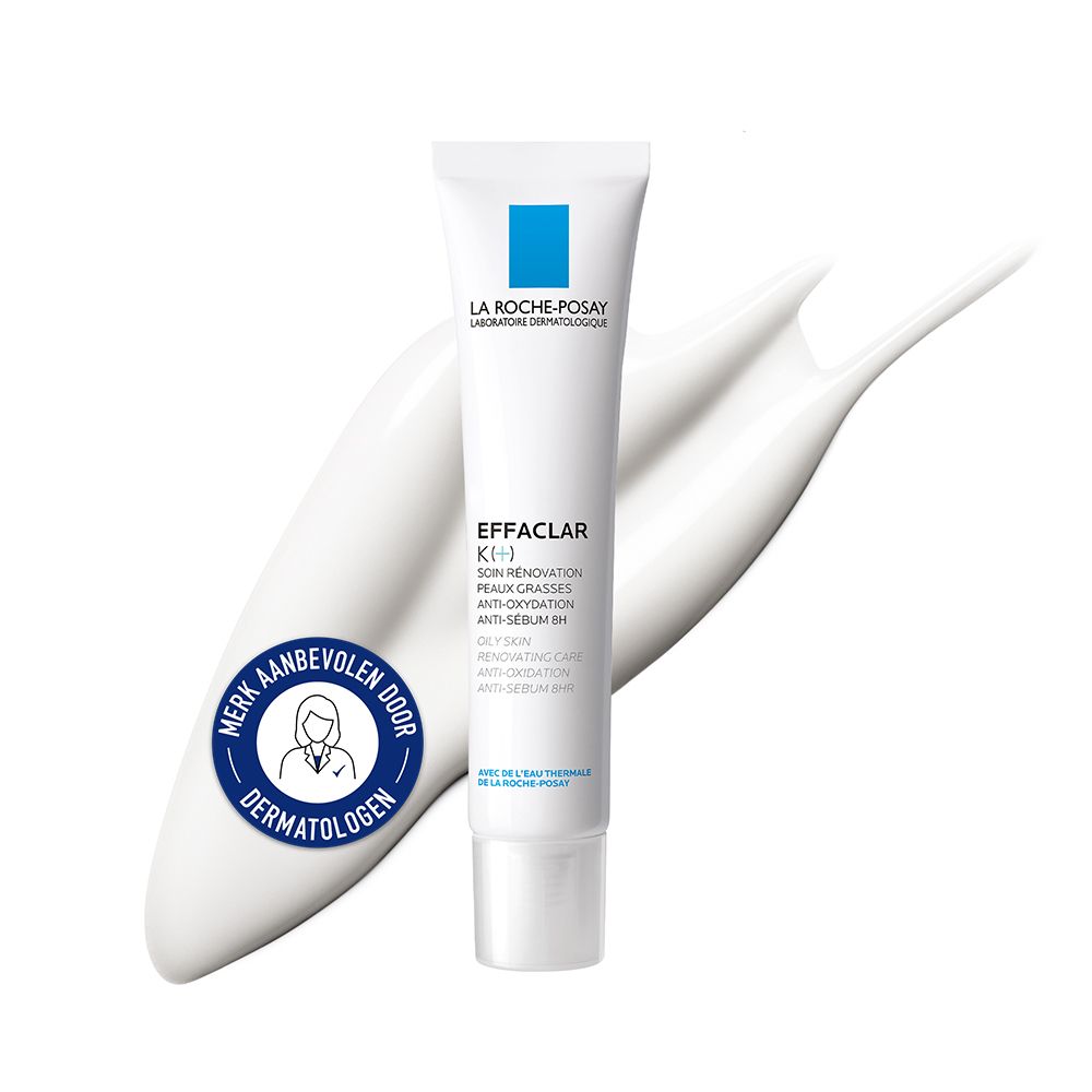 La Roche-Posay Effaclar K(+) tube en crème. Tekst: Effaclar K(+). Logo: Aanbevolen door dermatologen.