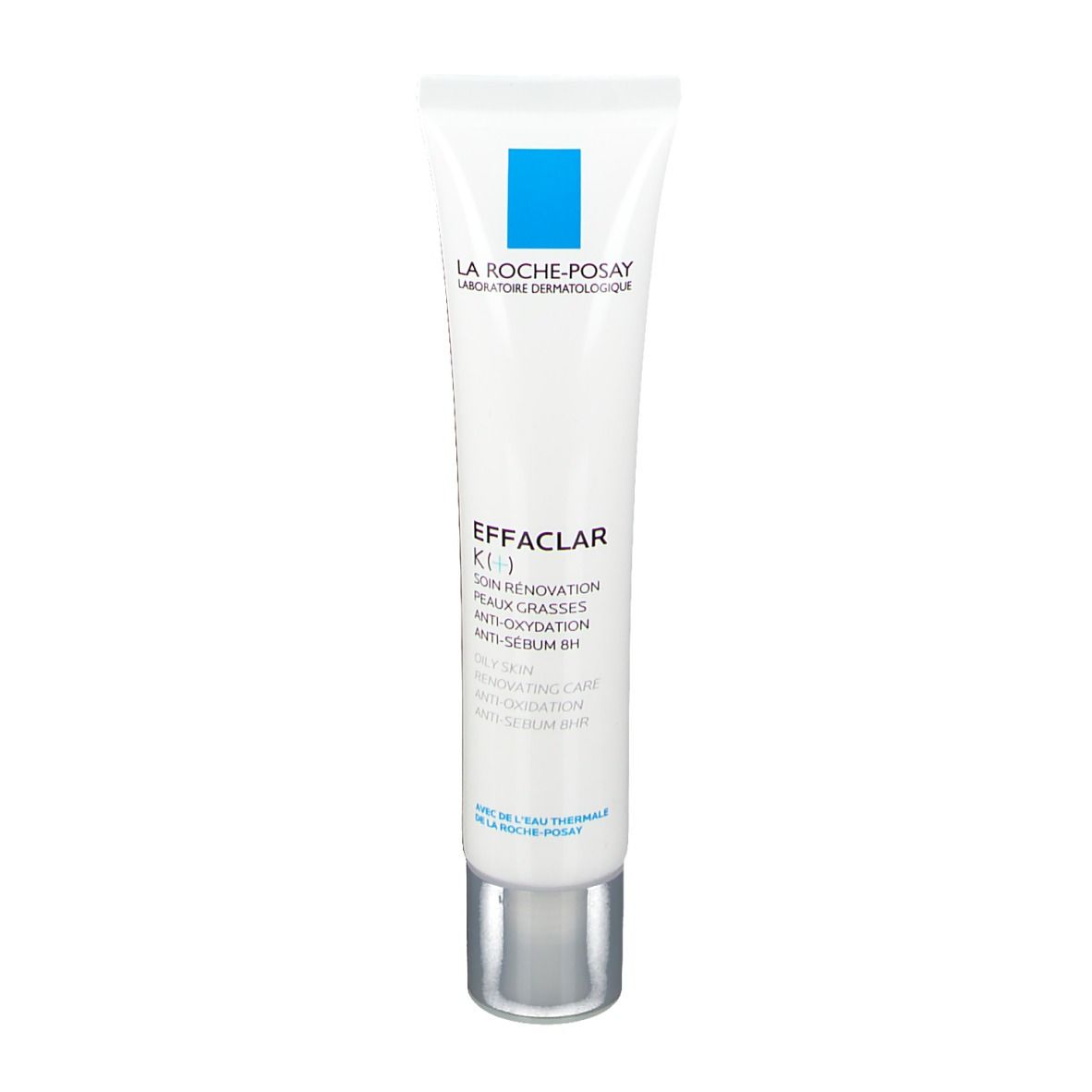La Roche-Posay Effaclar K(+) tube. Wit, blauw vierkant. Tekst: Effaclar K(+), Anti-oxidatie, Anti-Sebum BH.