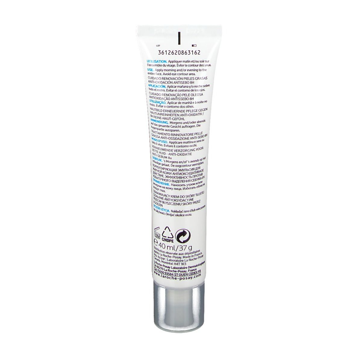 Achterkant La Roche-Posay Effaclar K(+) tube. Tekst en symbolen. 40 ml/37 g.