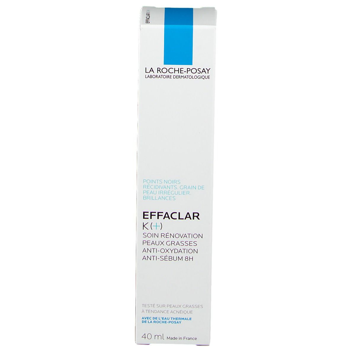 La Roche-Posay Effaclar K(+) verpakking. Wit, blauw. Tekst: Effaclar K(+), 40 ml.