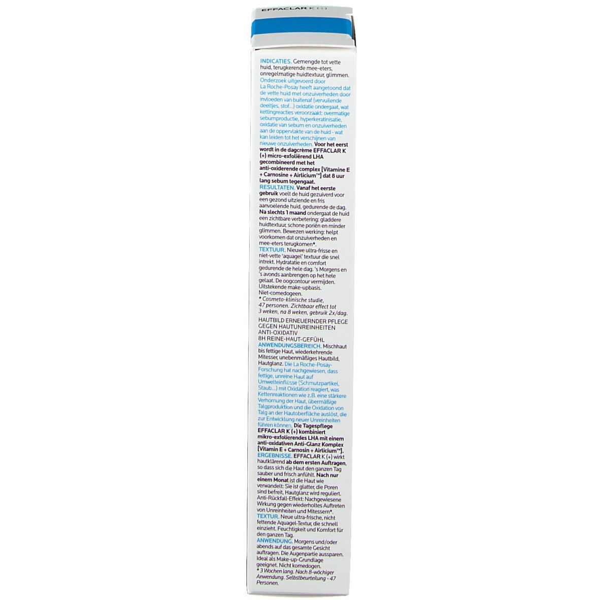 La Roche-Posay Effaclar K(+) verpakking. Tekst en symbolen. 40 ml.