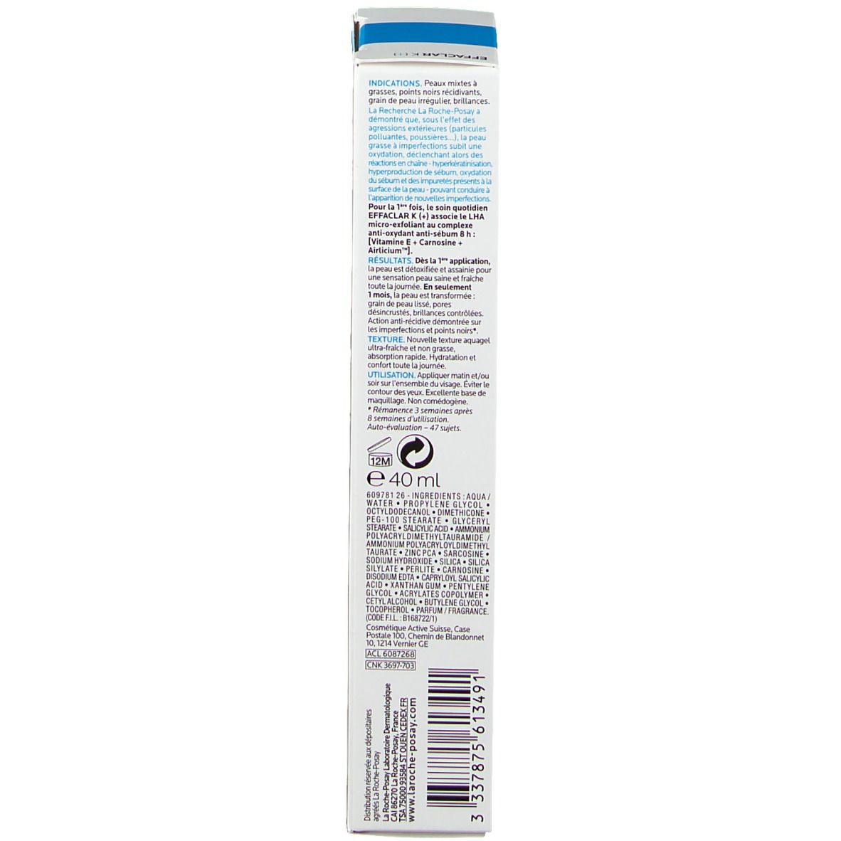 La Roche-Posay Effaclar K(+) verpakking. Tekst en symbolen. 40 ml.