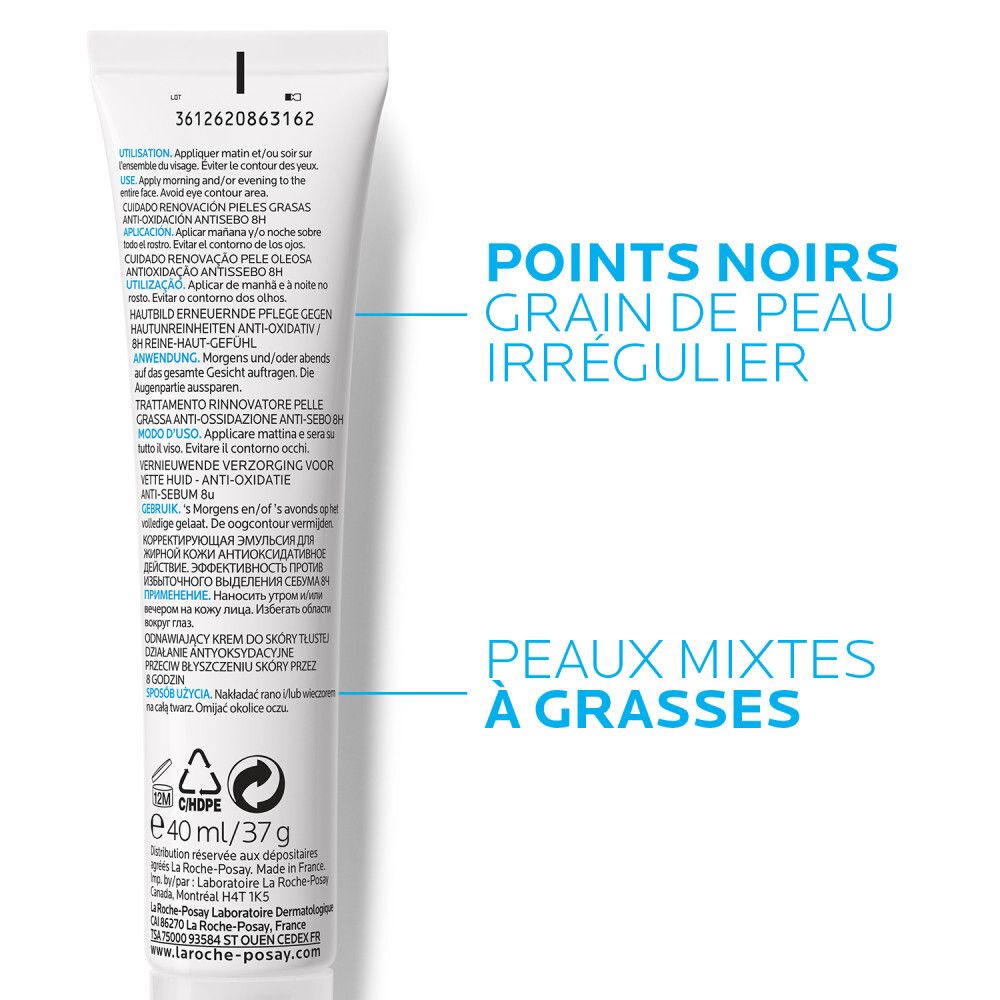 Dos du tube La Roche-Posay Effaclar K(+). Texte et symboles. 40 ml/37 g.