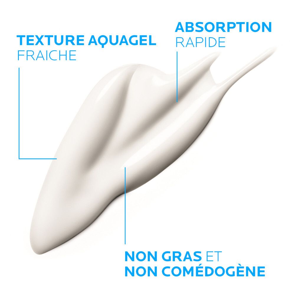 Texture crème. Texte: Texture aquagel fraîche, Non gras, Non comédogène.