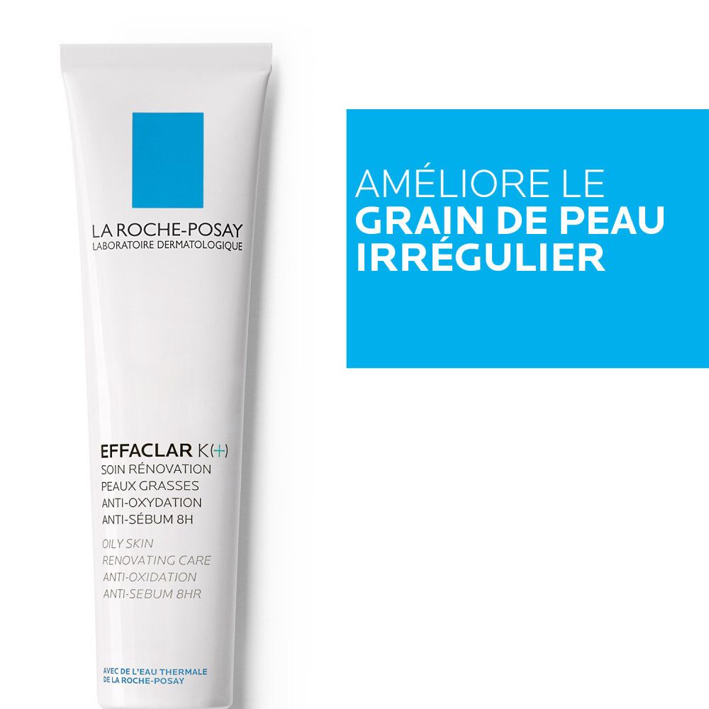 Tube La Roche-Posay Effaclar K(+). Texte: Effaclar K(+). Améliore le grain de peau.