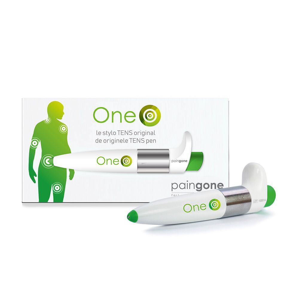 Vrouw gebruikt een witte pen. Tekst: "Simple et facile à utiliser". Merk "Paingone" zichtbaar.