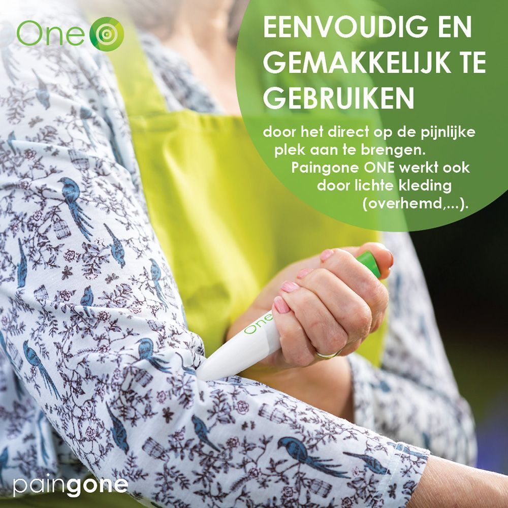 Vrouw houdt een witte pen vast. Tekst: "Altijd bij u". Merk "Paingone" zichtbaar.