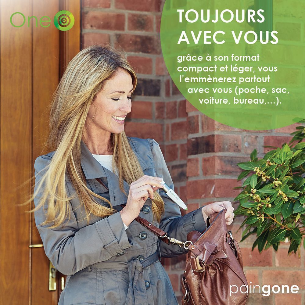 Femme tient un stylo blanc. Texte : "Soulage plusieurs zones". Marque "Paingone" visible.
