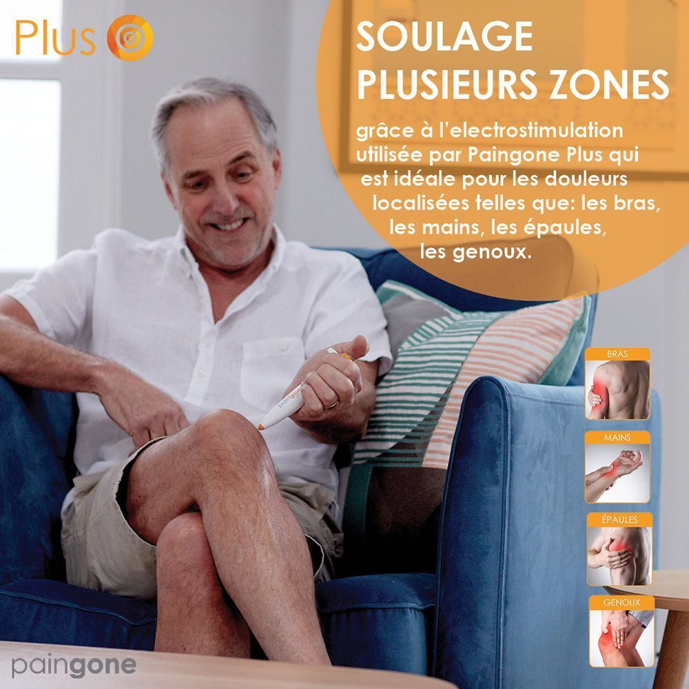 Homme assis, tenant un stylo. Texte : "SOULAGE PLUSIEURS ZONES".
