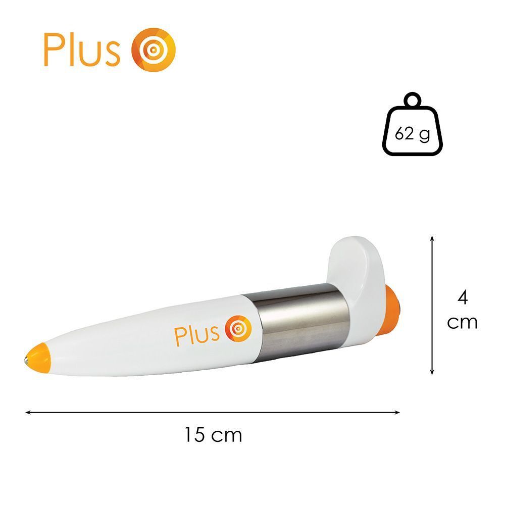 Emballage produit avec stylo, texte et pictogrammes. Le stylo est blanc, argenté et orange.