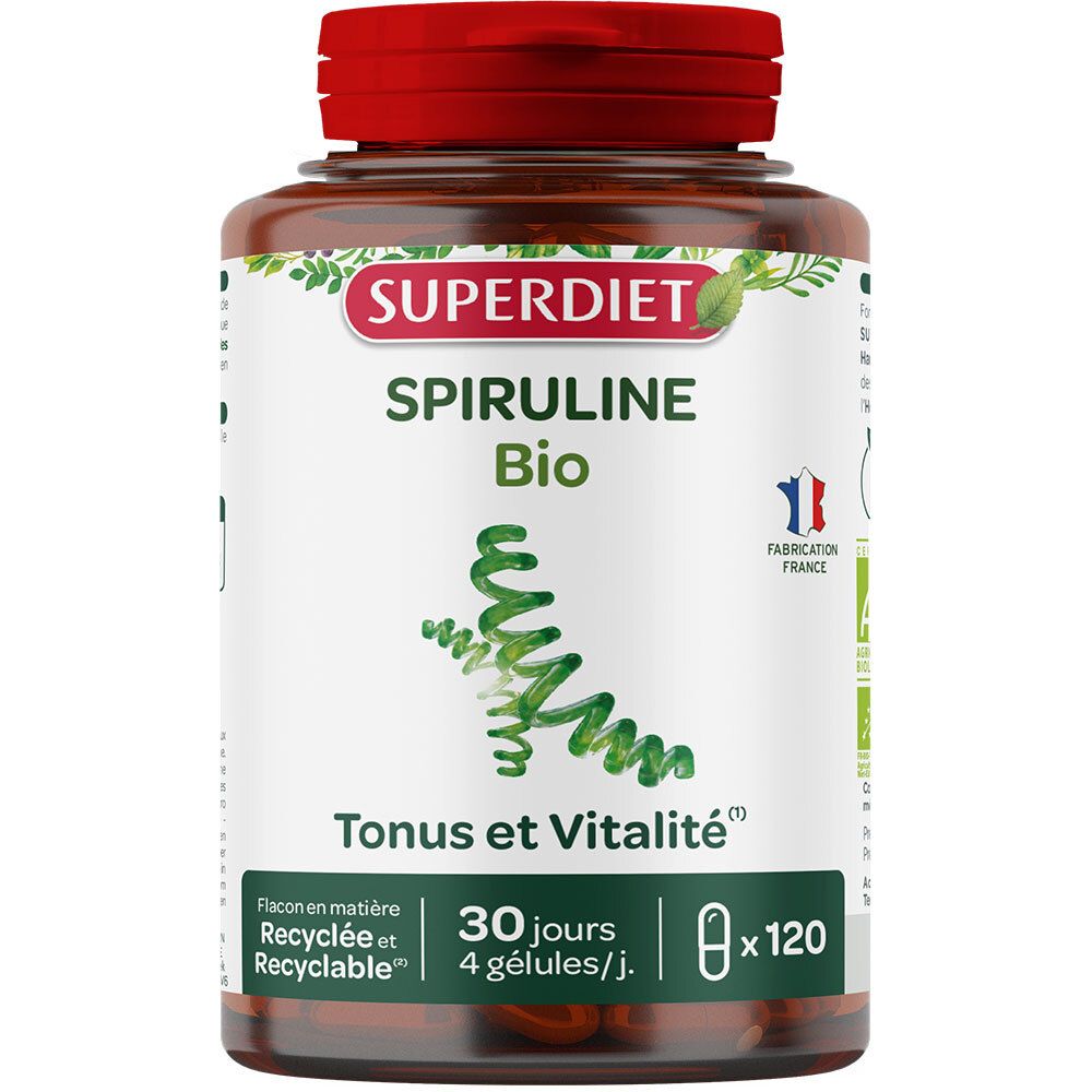 Flacon blanc avec bouchon rouge. Inscription SUPERDIET Spiruline Bio. 120 gélules. Logo AB-Bio.