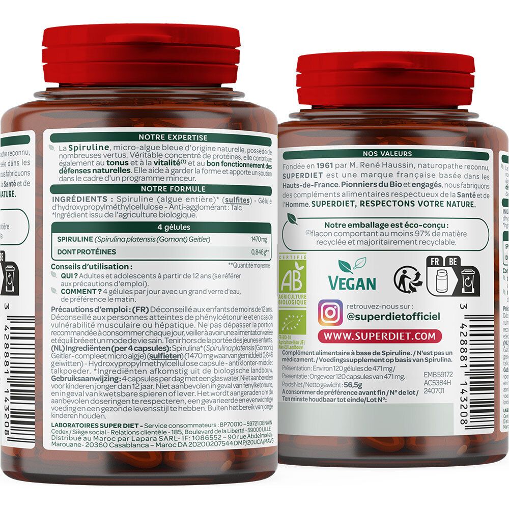 Deux flacons SUPERDIET Spiruline Bio. Dos avec informations. Logo AB-Bio. Logo Vegan.