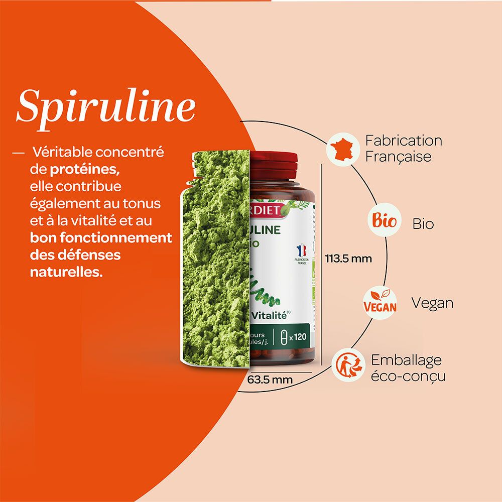 Graphique avec flacon SUPERDIET Spiruline Bio. Texte: Spiruline, 113,5 mm, 63,5 mm. Logo Vegan. Logo Bio.