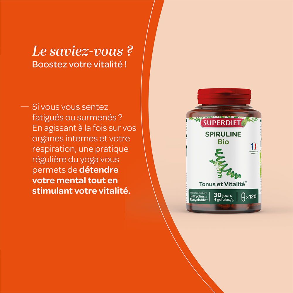 Graphique avec flacon SUPERDIET Spiruline Bio. Texte: Boostez votre vitalité ! 30 jours. 4 gélules/jour.