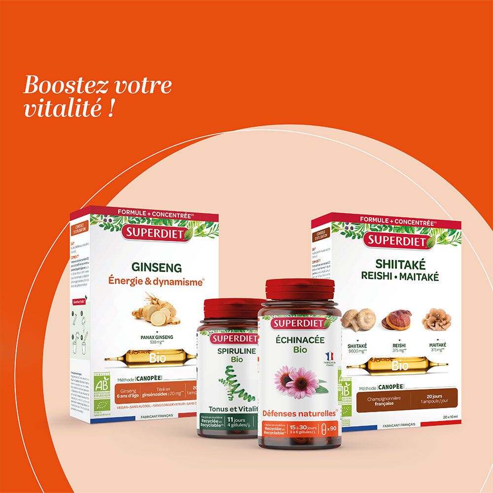Trois produits : Ginseng, Spiruline, Echinacée. Marque SUPERDIET. Logo AB-Bio. Flacons et boîtes.