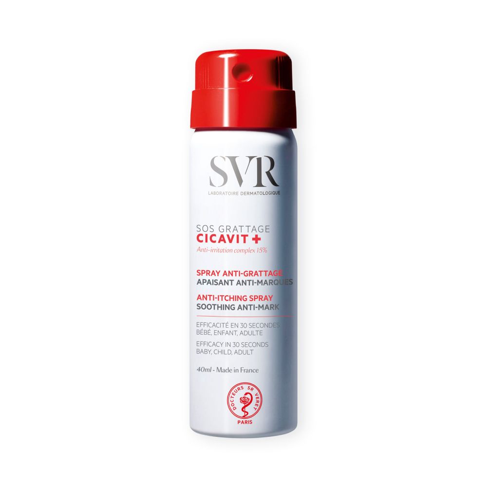 SVR CICAVIT+ SOS Grattage spray. Witte fles met rode spuitkop. Tekst: Anti-irritation complex 15%.