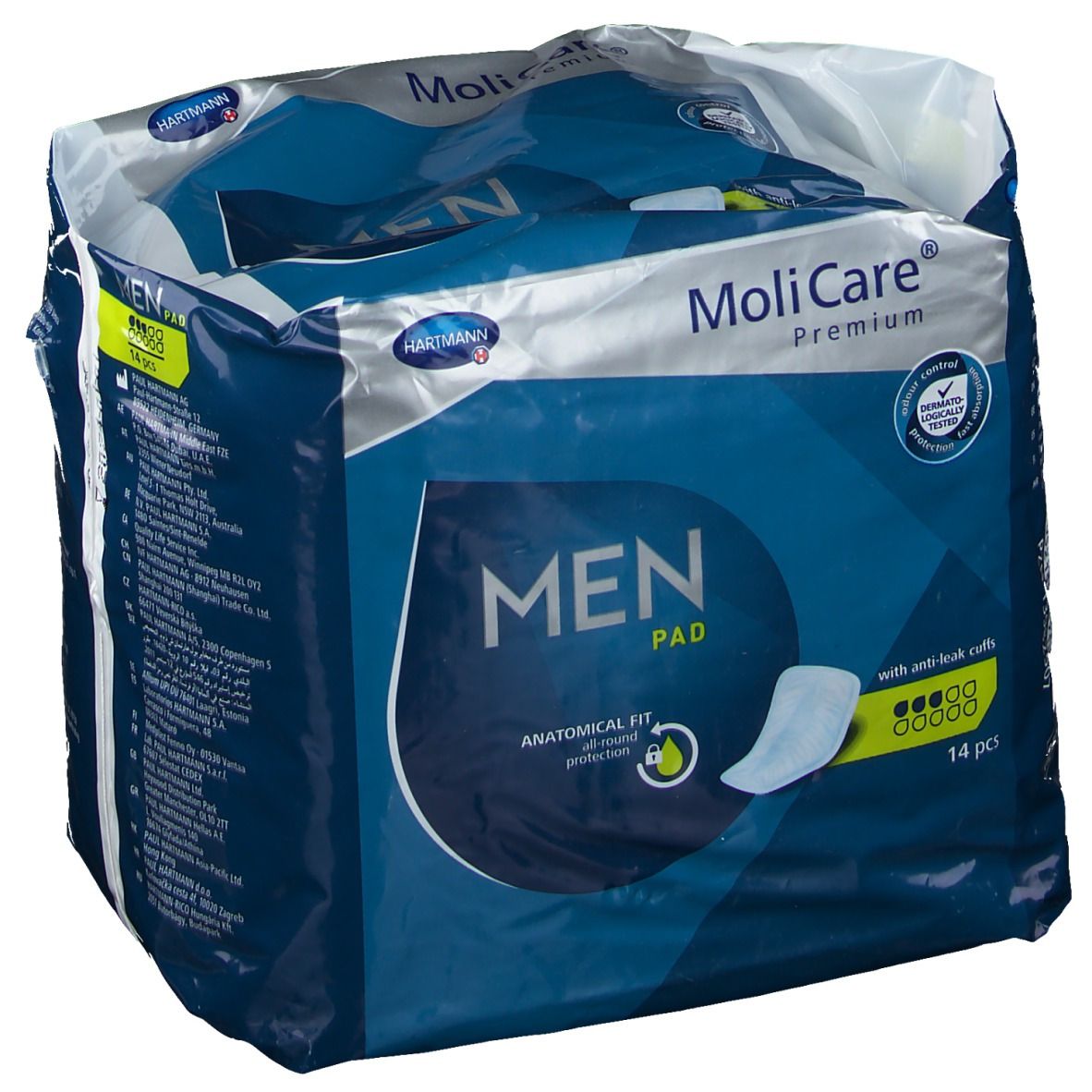 Verpakking MoliCare® Premium Men Pad. Blauwe verpakking met productnaam, logo en afbeelding. 14 stuks.