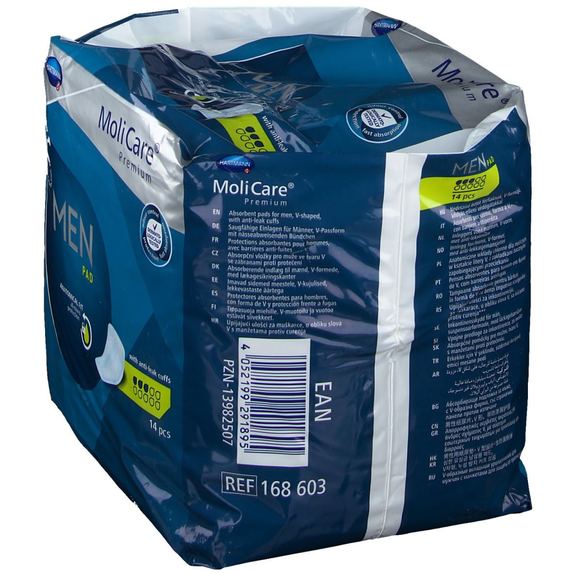 Achterkant van de verpakking MoliCare® Premium Men Pad. Productinformatie, EAN-code en referentienummer. 14 stuks.