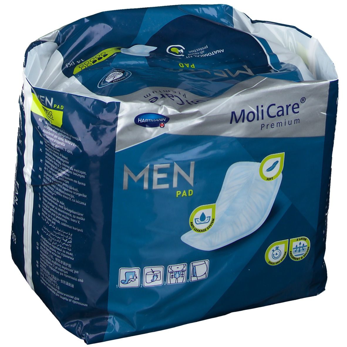 Verpakking MoliCare® Premium Men Pad. Blauwe verpakking met productnaam, logo en afbeelding. 14 stuks.
