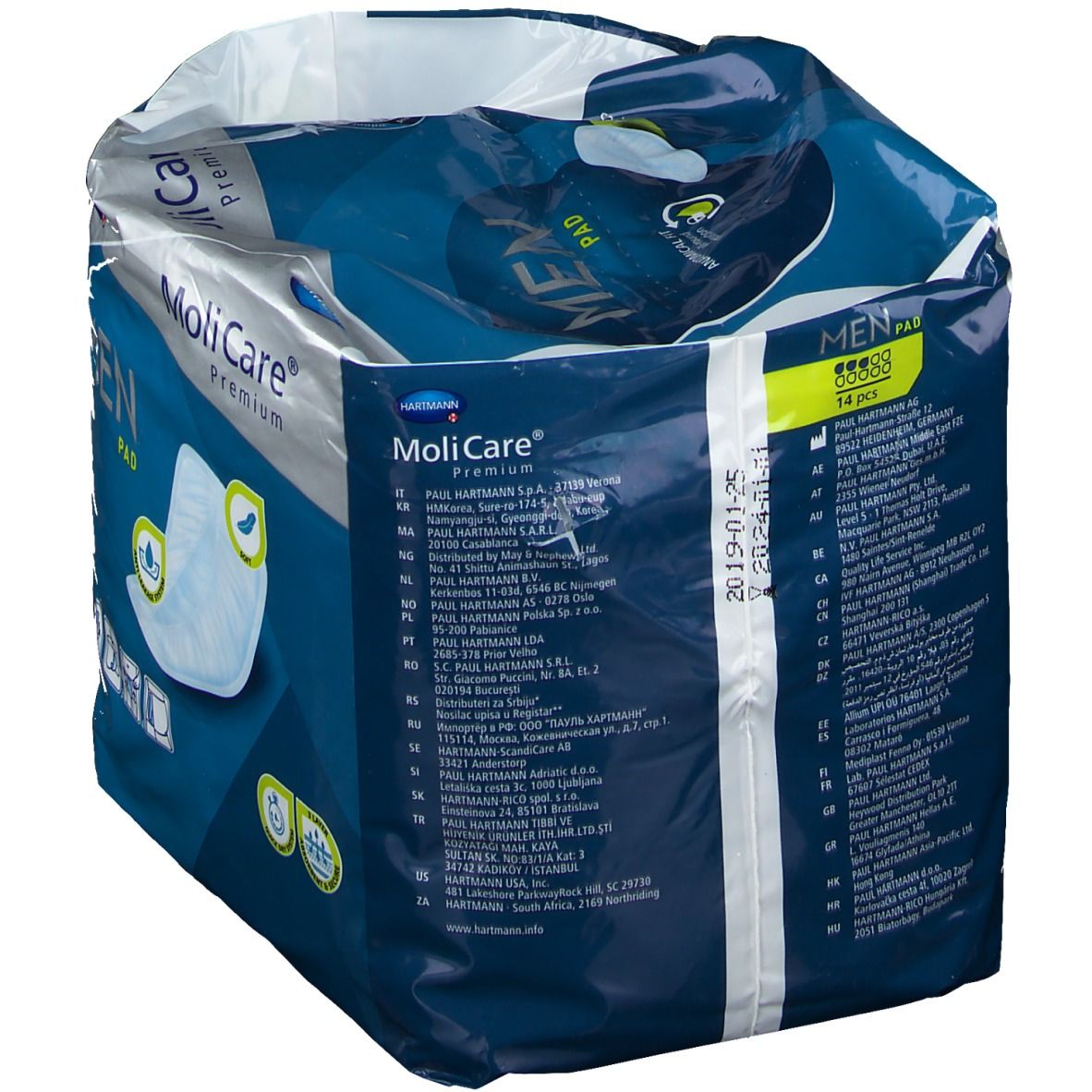 Achterkant van de verpakking MoliCare® Premium Men Pad. Productinformatie, logo en referentienummer. 14 stuks.