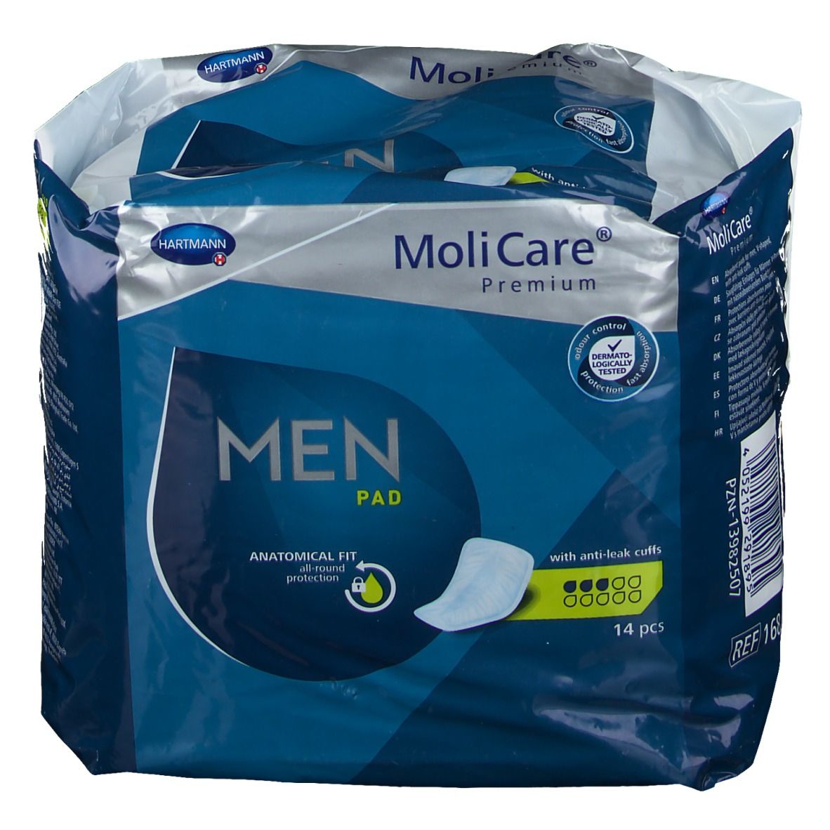 Verpakking MoliCare® Premium Men Pad. Blauwe verpakking met productnaam, logo en afbeelding. 14 stuks.