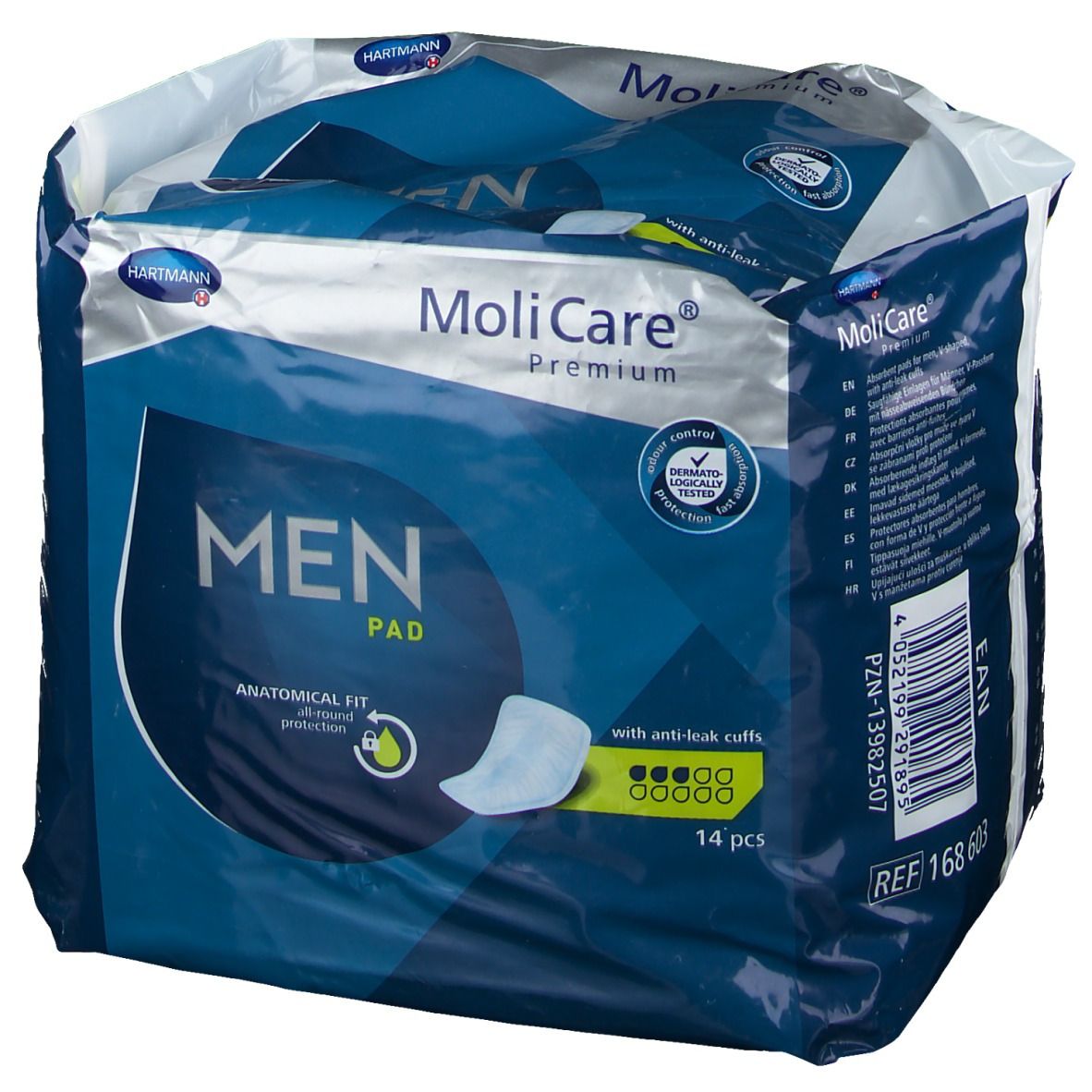 Verpakking MoliCare® Premium Men Pad. Blauwe verpakking met productnaam, logo en afbeelding. 14 stuks.